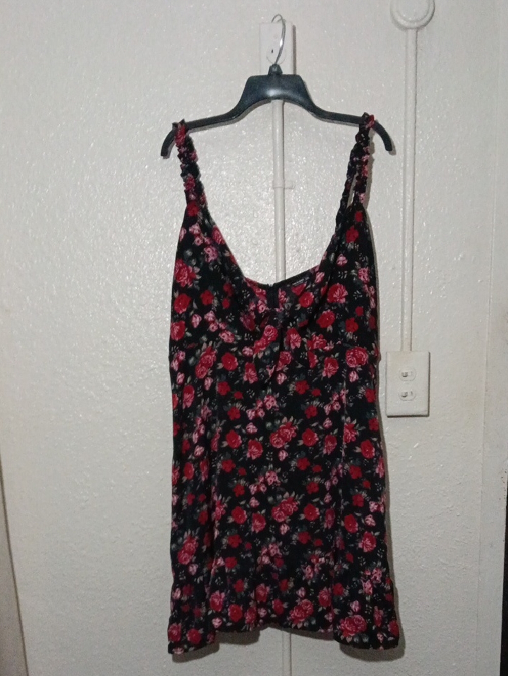 Shein Black Floral Spaghetti Strap Tank Top Mini Dress - Pink Rose Print